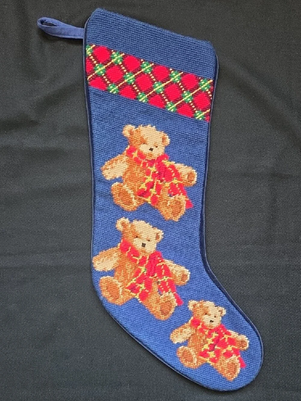 Teddy Bear Christmas Stocking with Red Plaid Accent